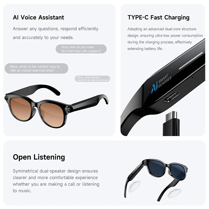 2026 Smart Glasses with AI Voice Assistant, Real-Time Translation, 200W HD Camera, Meeting Recording, Bluetooth Calls, Smart Sunglasses