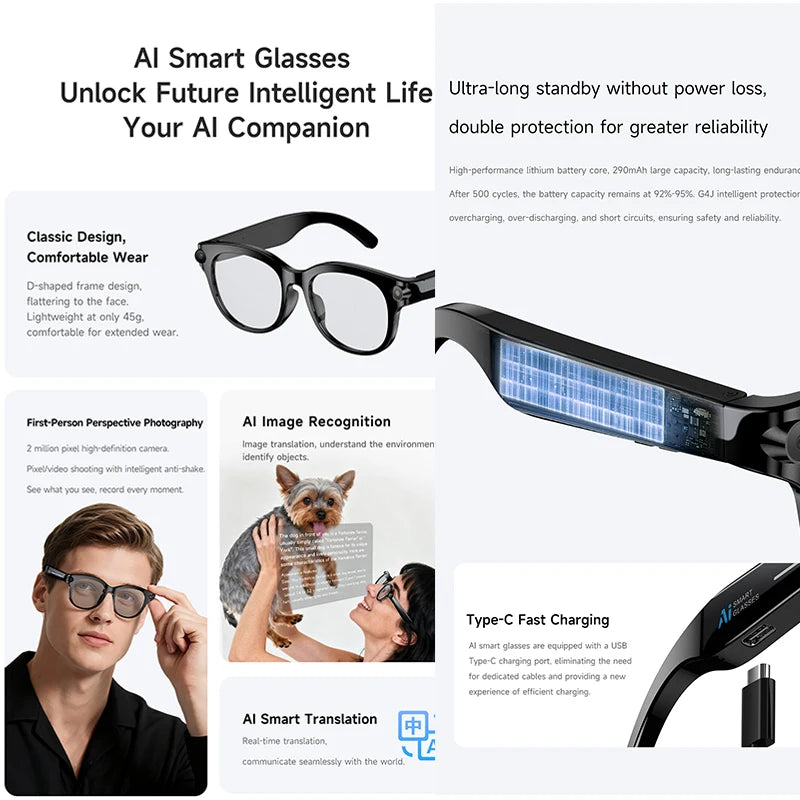 2026 Smart Glasses with AI Voice Assistant, Real-Time Translation, 200W HD Camera, Meeting Recording, Bluetooth Calls, Smart Sunglasses