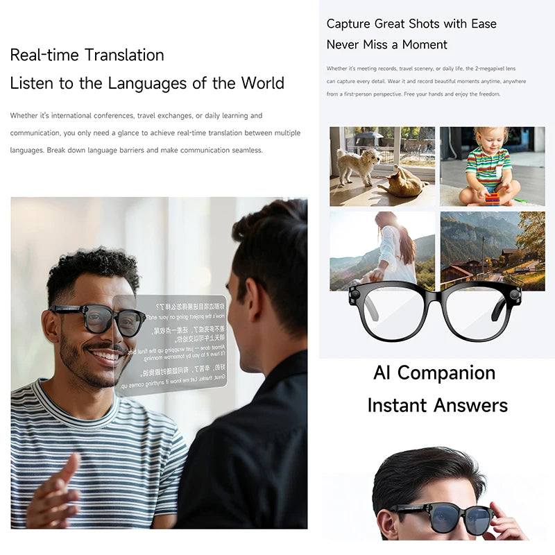 2026 Smart Glasses with AI Voice Assistant, Real-Time Translation, 200W HD Camera, Meeting Recording, Bluetooth Calls, Smart Sunglasses
