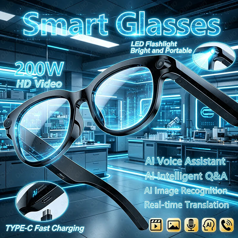 2026 Smart Glasses with AI Voice Assistant, Real-Time Translation, 200W HD Camera, Meeting Recording, Bluetooth Calls, Smart Sunglasses