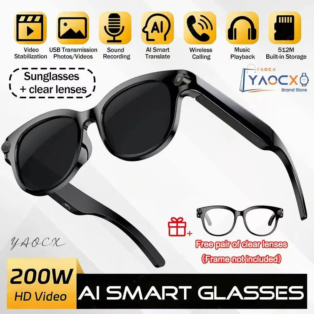 2026 Smart Glasses with AI Voice Assistant, Real-Time Translation, 200W HD Camera, Meeting Recording, Bluetooth Calls, Smart Sunglasses